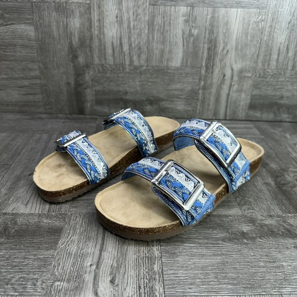 Madden Girl Sandals Women Size 7 Blue Boho Embroidered Sequin Cork Slides NEW
